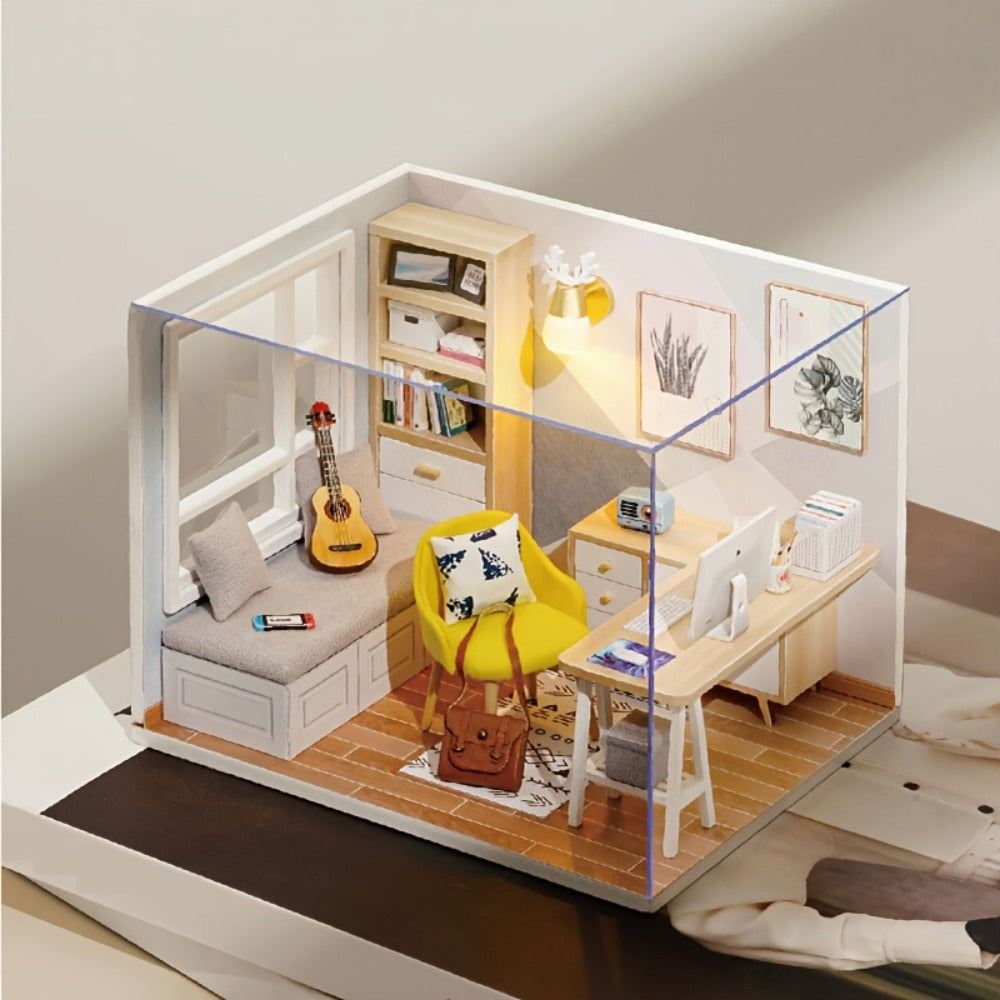 DIY Miniature House Kit Sunshine Study | Handmade Wooden Building Model Mini Collection Scene Home Decoration Shelf Display, Creative Craft Gift for Adults Teens Birthday Christmas Valentine's Day