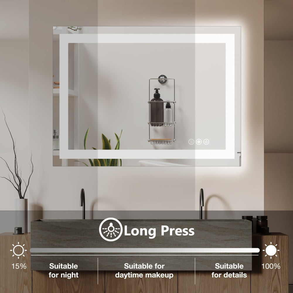 LED Bathroom Mirror with Anti-Fog – Dimmable Vanity Mirror, 3 Color Lighting Modes, Dual Light Source, Wall Mounted Horizontal or Vertical, Tempered Glass, Multiple Sizes - product image