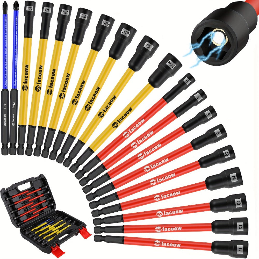 Magnetic Nut Driver Set 19PCS – SAE & Metric | 1/4" Hex Shank 6" Long | PH1 & PH2 for Impact Drills | Magnetic Socket Set with Sturdy Tool Case | Professional & DIY Projects - product image