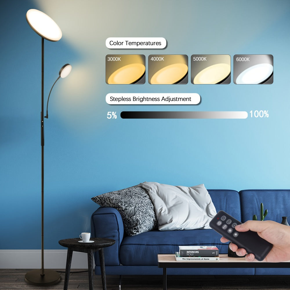 LED Floor Lamp with Reading Light – 27W 2300LM Dimmable Torchiere Standing Lamp, 4 Color Temperatures, Remote & Touch Control, Metal Base for Living Room Bedroom Home Office (Black - product image