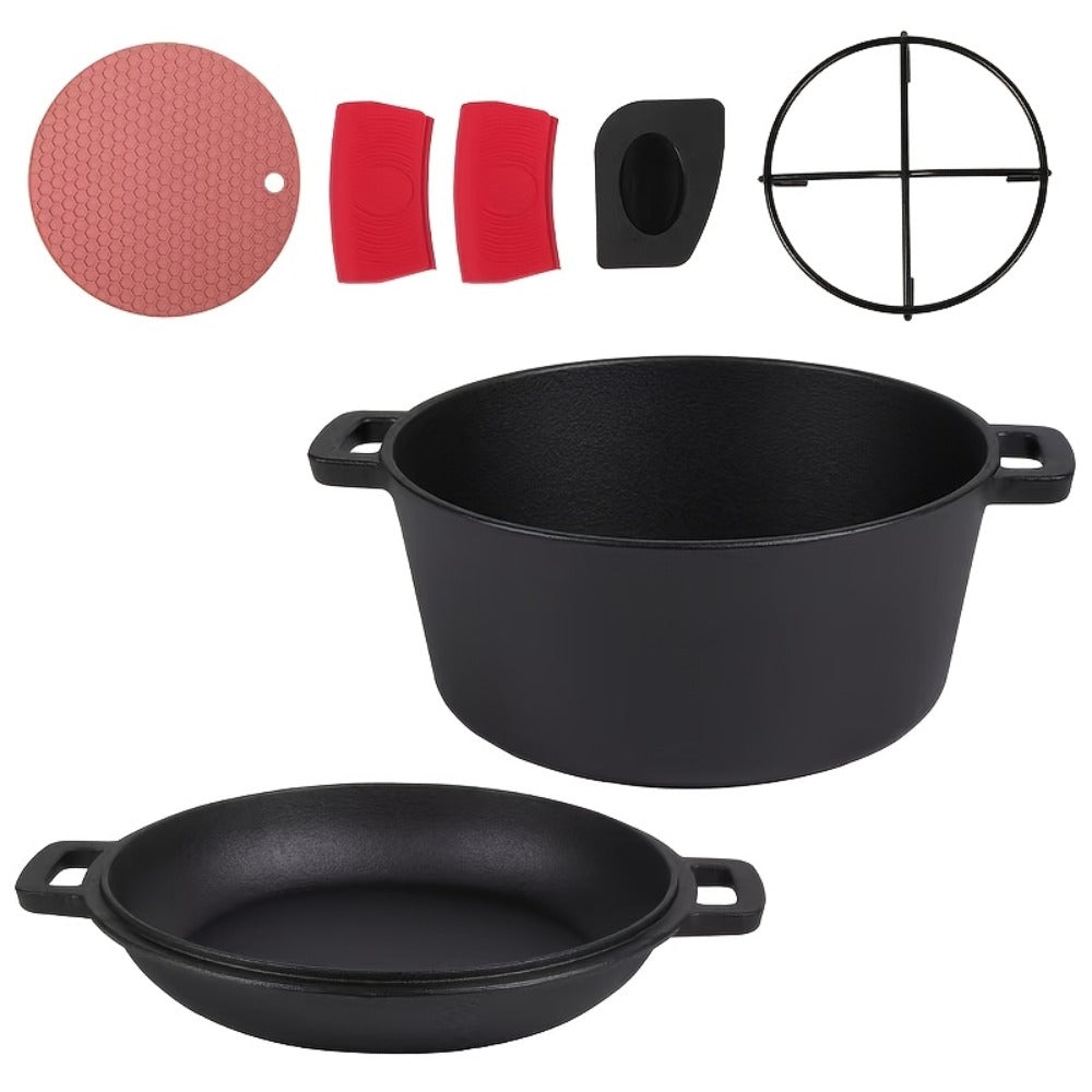 Cast Iron Dutch Oven Set 5.1QT & 7QT with Skillet Lid – Pre-Seasoned 2-in-1 Cookware for Stovetop, Induction, Oven, Campfire & BBQ, Sourdough Bread Baking, Frying, Camping - product image 5