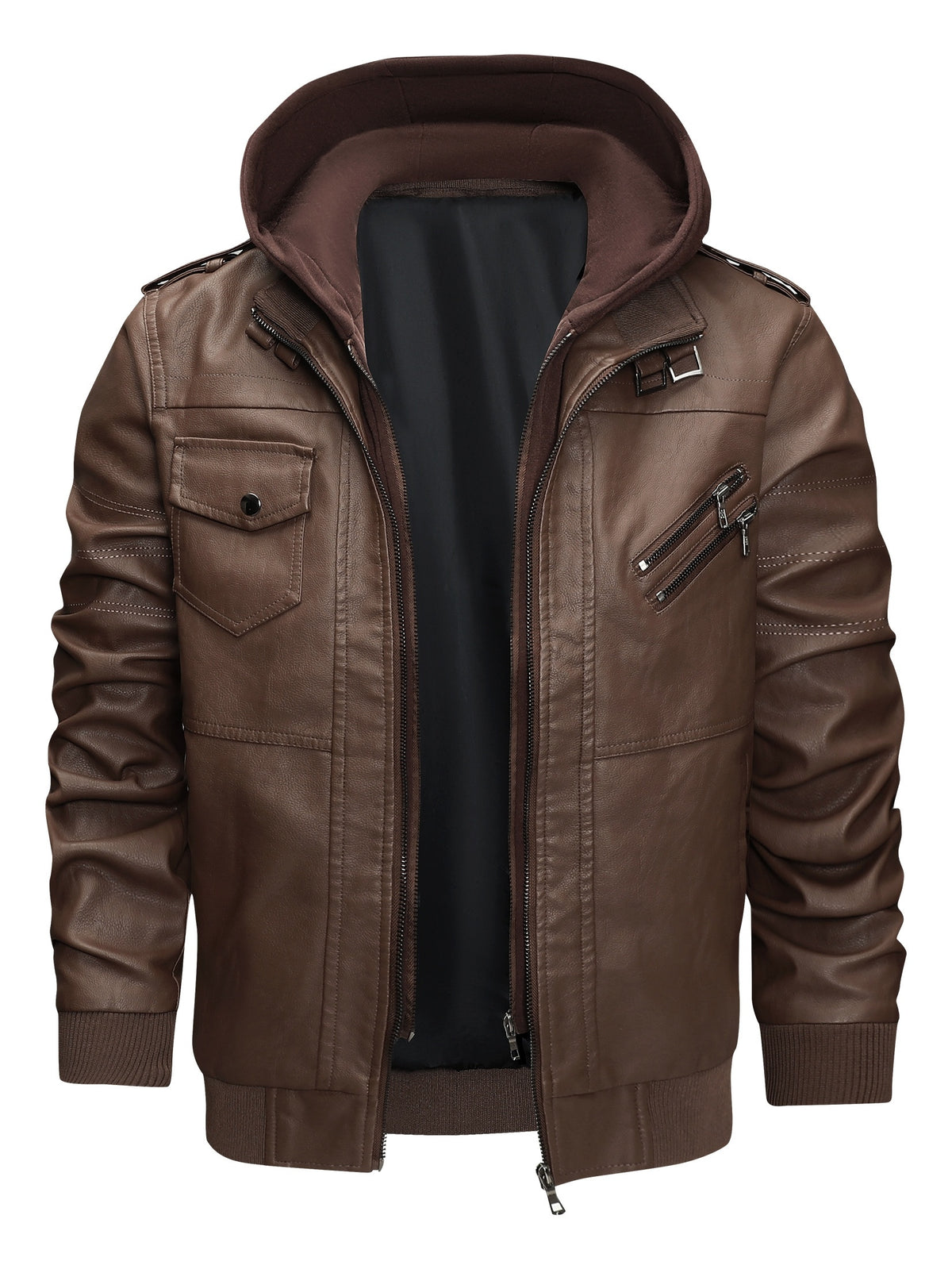 Men's High Quality Windproof PU Motorcycle Bomber Jacket with Removable Hood & Belted Hoodie Suitable for Riding, Winter, Spring, Fall - -Tear Windproof Bomber - product image 12