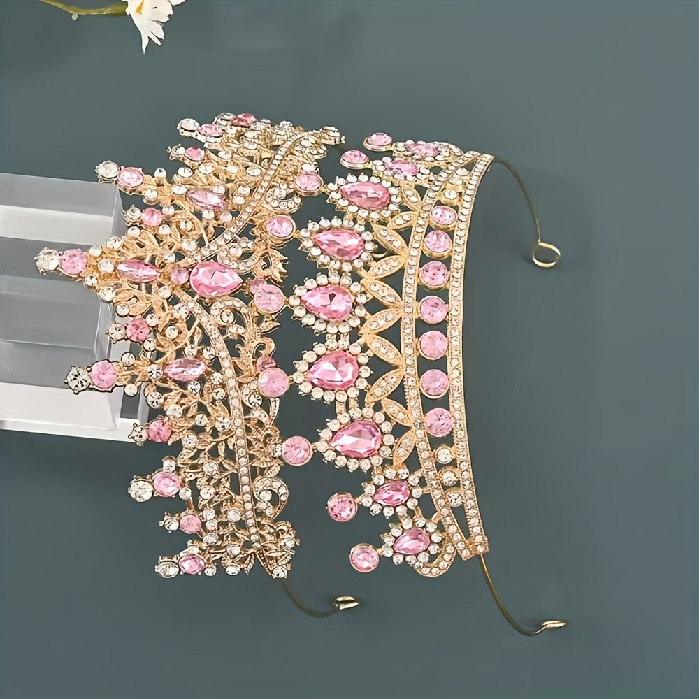 Baroque Style Tiara Headwear for Girls Women Birthday Party Prom Dance Wedding Halloween Costume Accessory Dress Up | Princess Crown with Pink Gemstones 2pcs Set