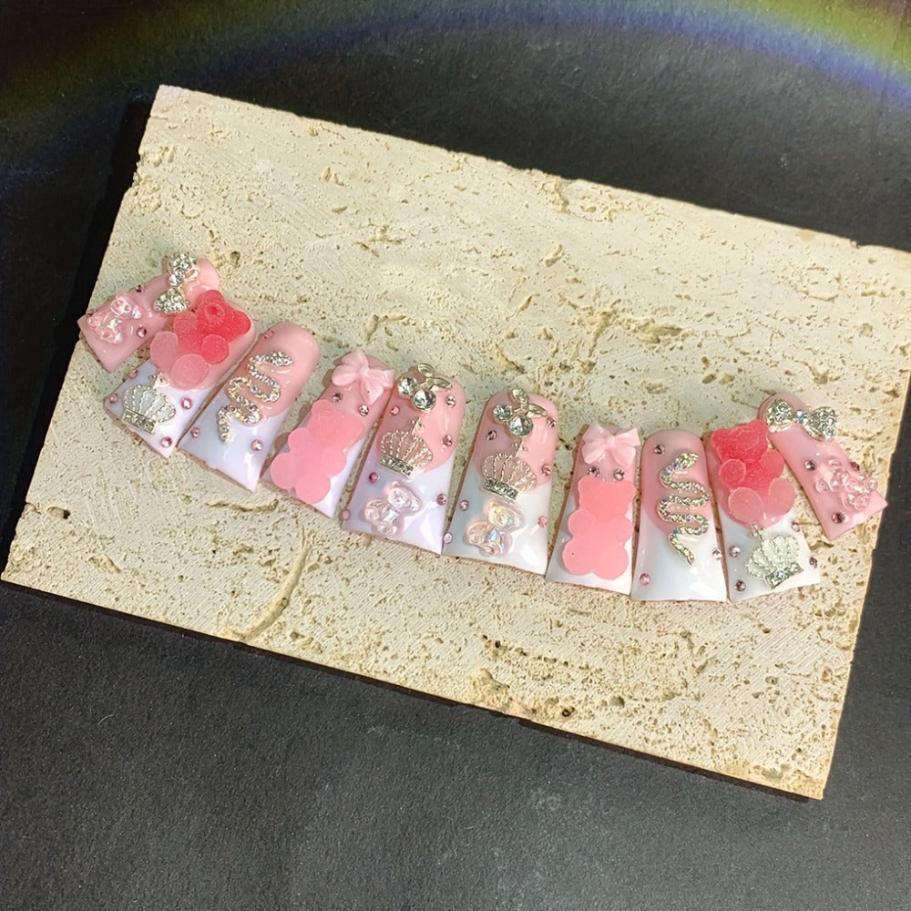 French Tip Press On Nails 10pcs Long Duckbill Pink White Glitter AB Glass Rhinestone – Cute Sugar Bear Cartoon Handmade Wearable False Nails for Wedding, Party, Back to School, Gif - product image 2