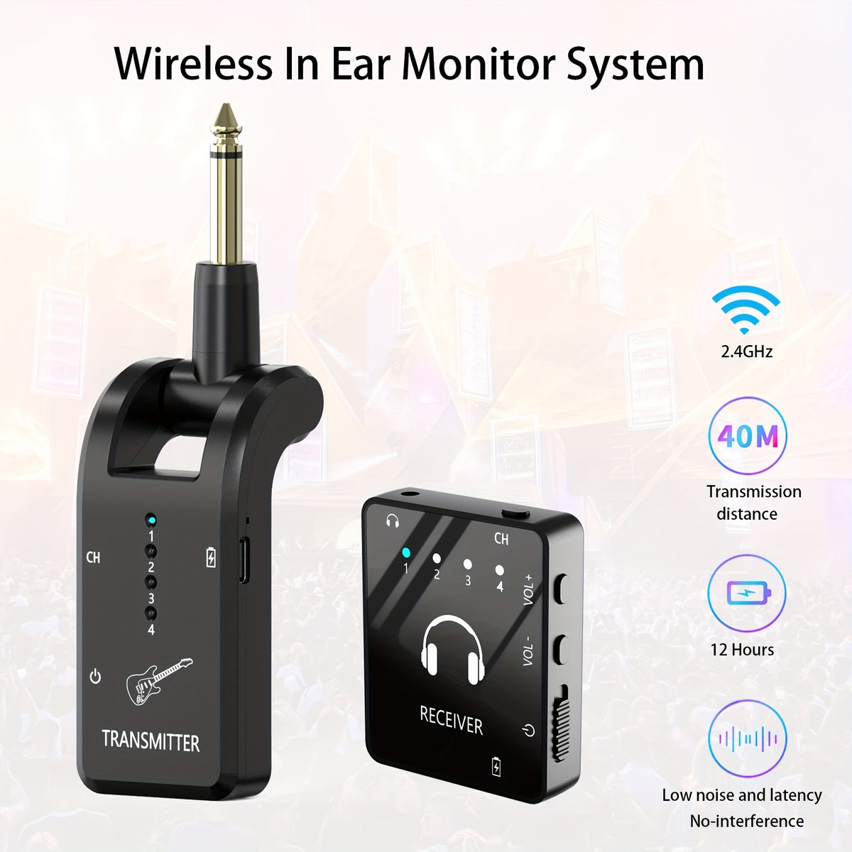 Wireless In-Ear Monitor System with IEM and Transmitter Clip Receiver, Can Be Paired Automatically, for Earphones, Guitars, DJ, Live Performance Supervision