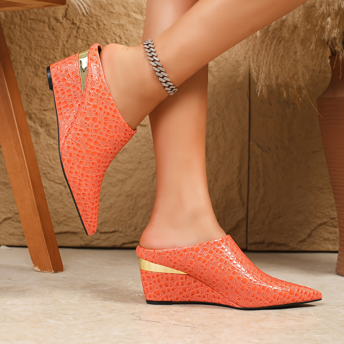 1 Pair Of Wedge , Stone Pattern, Blue and Green Wedge Shoes, Large Size Simple, One Foot Pedal, Pointed Toe Deep Mouth, Four Seasons Shoes, European and - product image 32