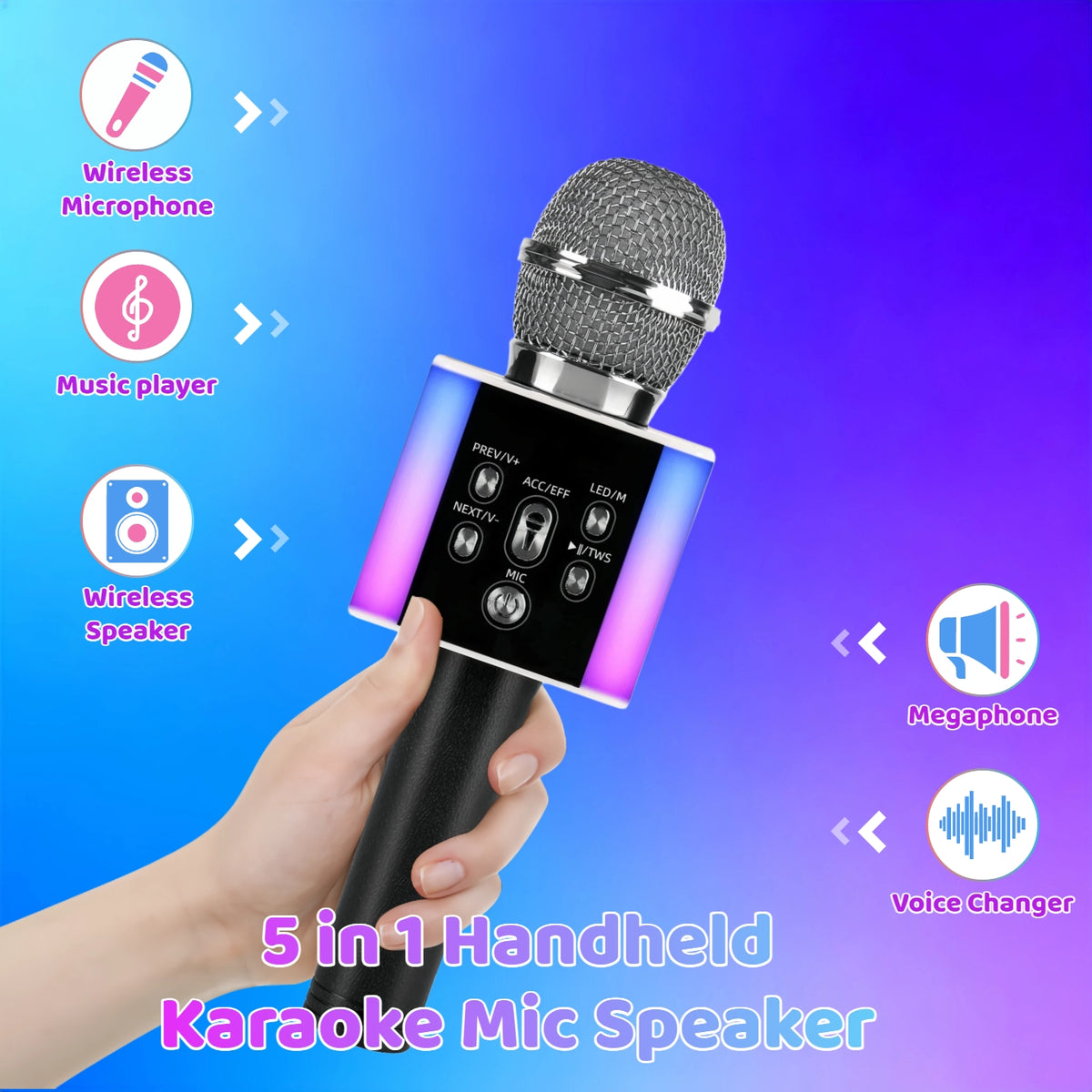 Wireless Karaoke Microphone Speaker with LED Lights and Fun Voice Changer - Portable Singing Mic, Perfect for Holiday Parties, Christmas Family Gatherings, New - product image 29