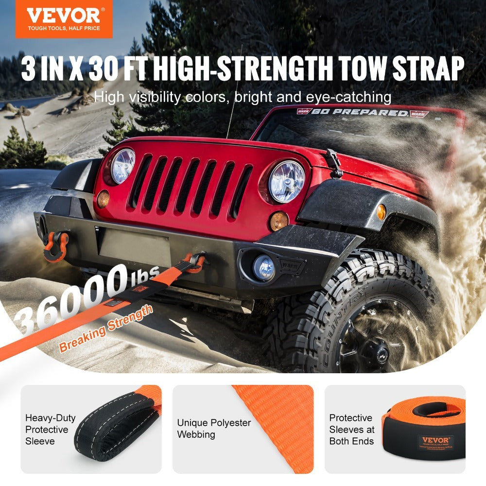 Tow Strap Recovery Kit 3 Inch x 30 ft 36000 lbs Breaking Strength Triple Reinforced Loop Protective Sleeves D-Ring Shackles Storage Bag for Truck Jeep SUV ATV Off Road - product image 2