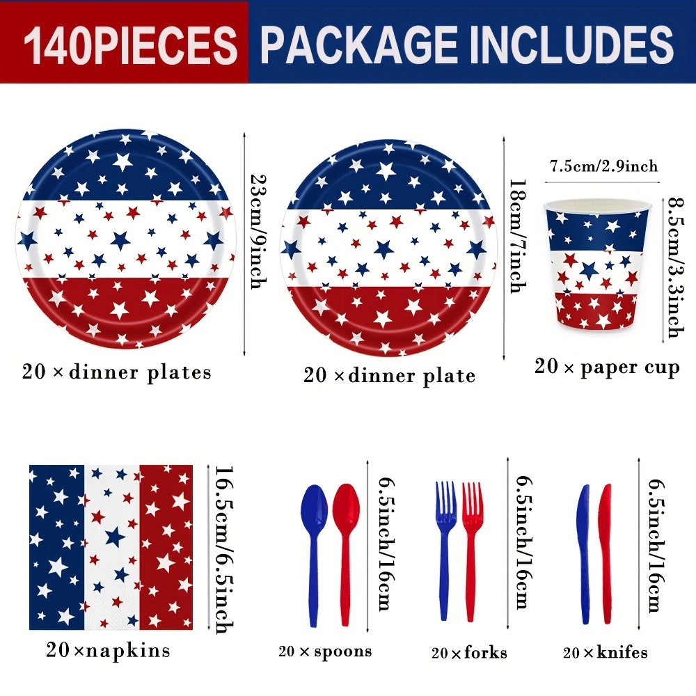 Patriotic Disposable Paper Plates & Napkins for Independence Day BBQ, Memorial Day & Red White Blue Party Decorations Serves 20 Guests – 4th of July Party Supplies 140 Pcs