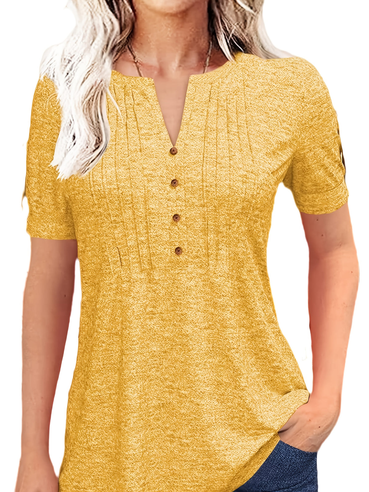 Casual Short-Sleeve T-Shirt for Women, Featuring a Pleated Design and V-Neck in Solid Colors, Perfect for Summer - product image 25