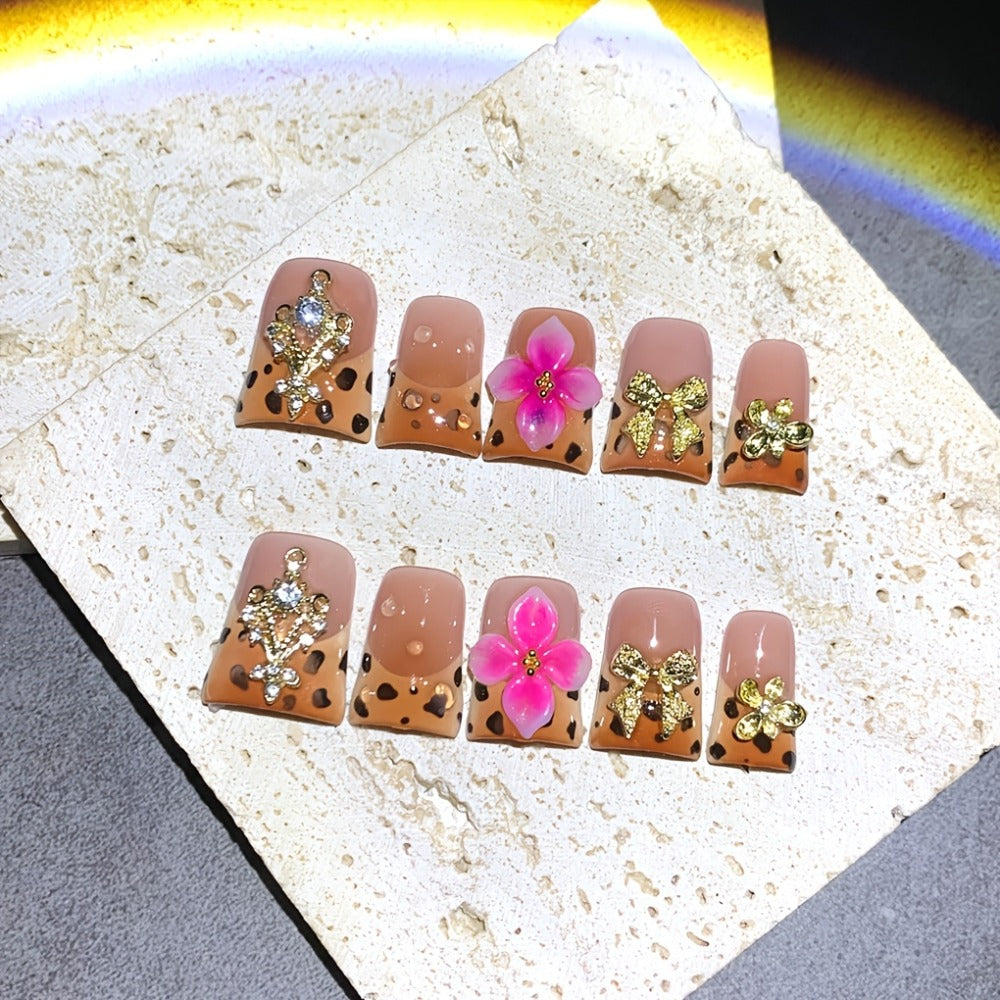 Press On Nails 5D Carved Duckbill Shape Medium Length Brown Pink Gradient Flower Milk Pattern Glossy Handmade Autumn Winter Fake Nails 10pcs Salon Quality UV Protected for Party Ba - product image