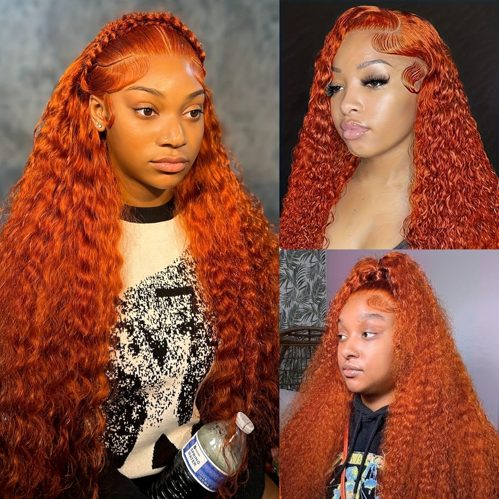 Red Curly Lace Front Wig 13x4 HD Transparent Lace Glueless 180% Density 24 Inch | Deep Curly Wet Wavy Ginger Orange Pre-Plucked Baby Hair Women - product image 9