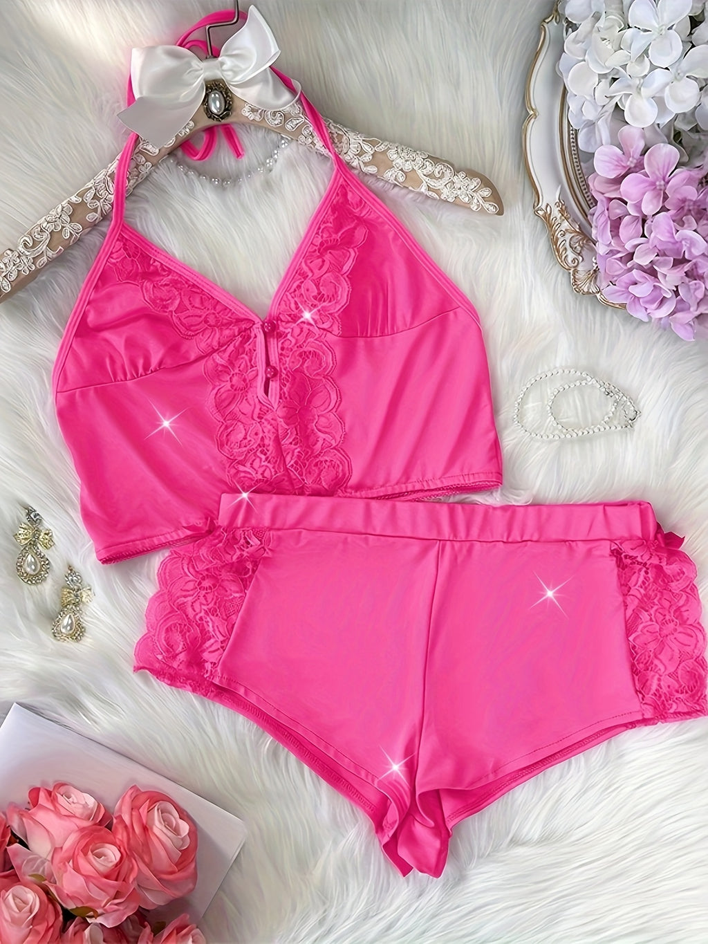 Solid Color Lace Splicing Halter Neck Tie Backless Button Splicing Bilateral Side Opening Lace Splicing Soft -friendly Sexy Home Pajamas Set - product image 26