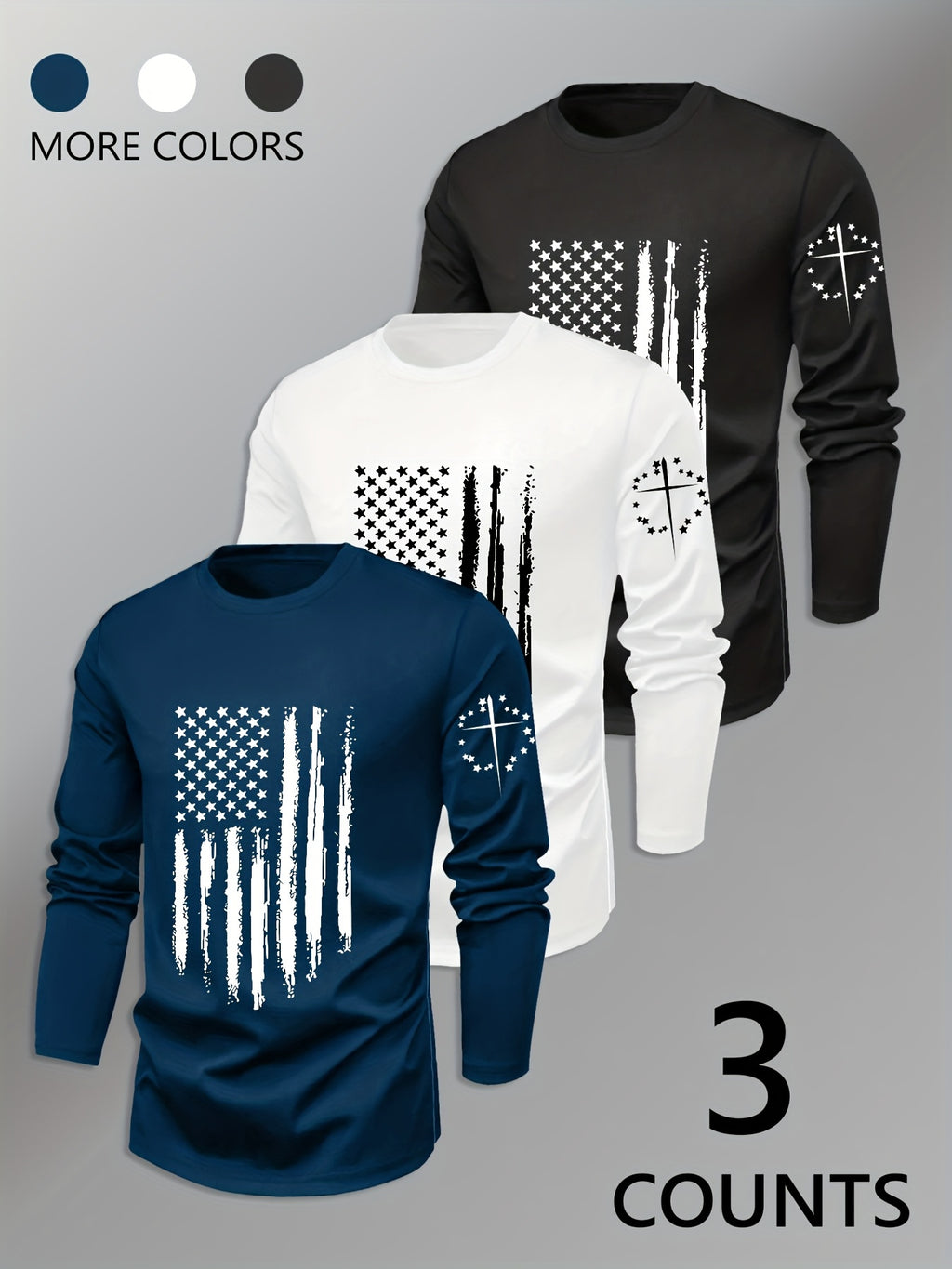 Men's Navy Blue Striped Long-Sleeve T-Shirt Three-pc: Crew Neck, Geometric Flag Pattern, Breathable and Quick-Drying, Sweat-Absorbent and Durable, Regular Fit - product image 6