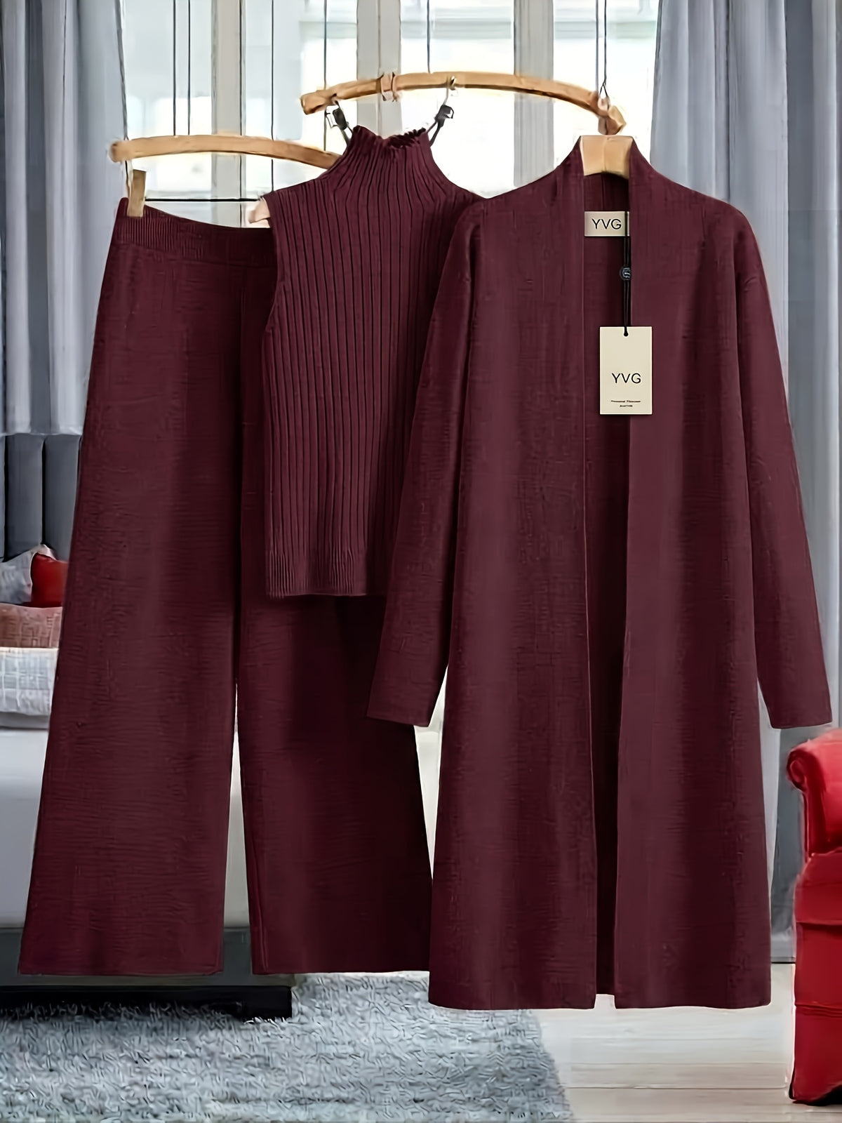 Genuine - Women's Autumn and Winter New Loose Set: Long Wide-Leg Pants + Shawl Cardigan + High-Collar Sweater Vest Fashion Three-Piece Set