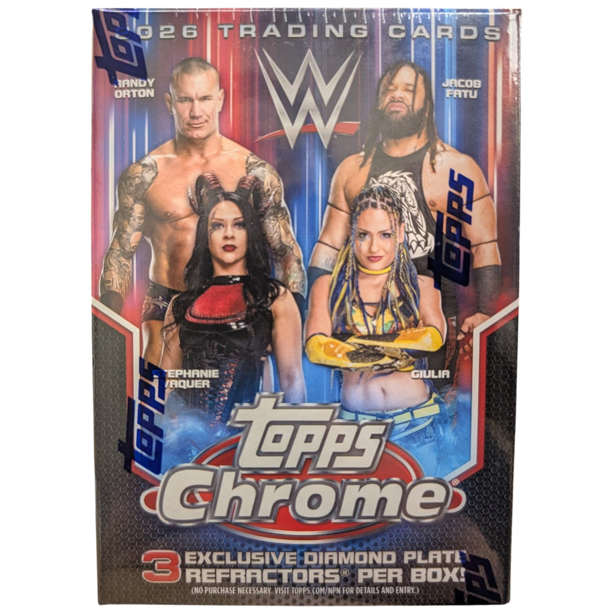 Topps Chrome WWE Blaster Box 2026 | 28 Cards | 3 Diamond Plate Parallels | 7 Inserts | Factory Sealed Trading Card Box | WWE Superstars, Legends & Rookies - product image 3