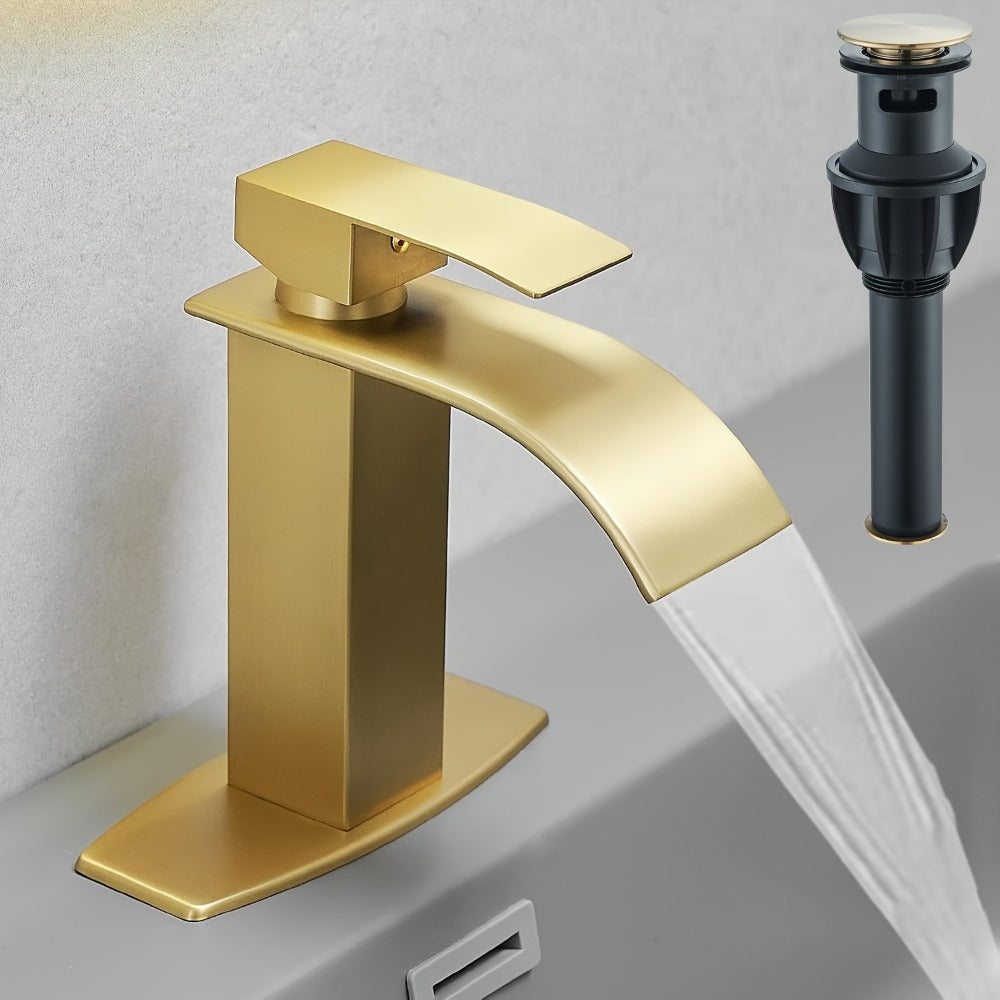 Waterfall Bathroom Sink Faucet, Single Hole or 3-Hole Mixer Tap with 6" Deck Plate, Ceramic Valve, Vanity Faucet for Farmhouse RV Bathroom, Brushed Gold Matte Black Nickel Chrome - product image 17