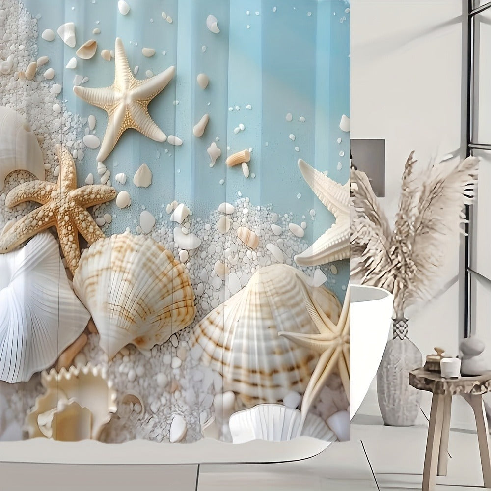 Shower Curtain Set Sea Star Shell Design Polyester with 12 Hooks Non-Slip Bath Mat U-Shaped Toilet Pad Lid Cover Bathroom Decor Set - product image 2