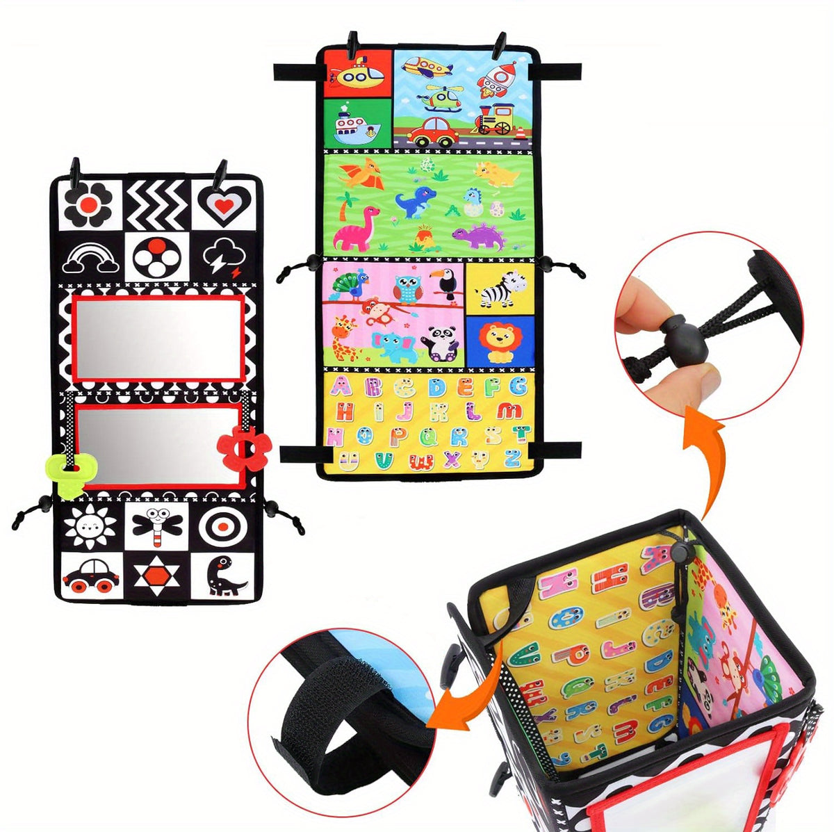 Double-Sided Tummy Time Floor Mirror with Teethers - Black & White High Contrast Baby Toys for Sensory Development, Crawling Aid with Interactive Animal & Geometric Patterns