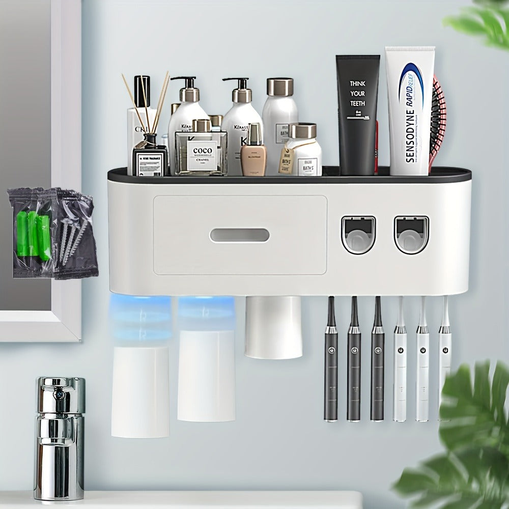 Wall Mounted Toothbrush Holder with Automatic Toothpaste Dispenser - 3 Cups Bathroom Organizer, Space-Saving Toothbrush Cup Holder for Family, Black & Gray - product image 9