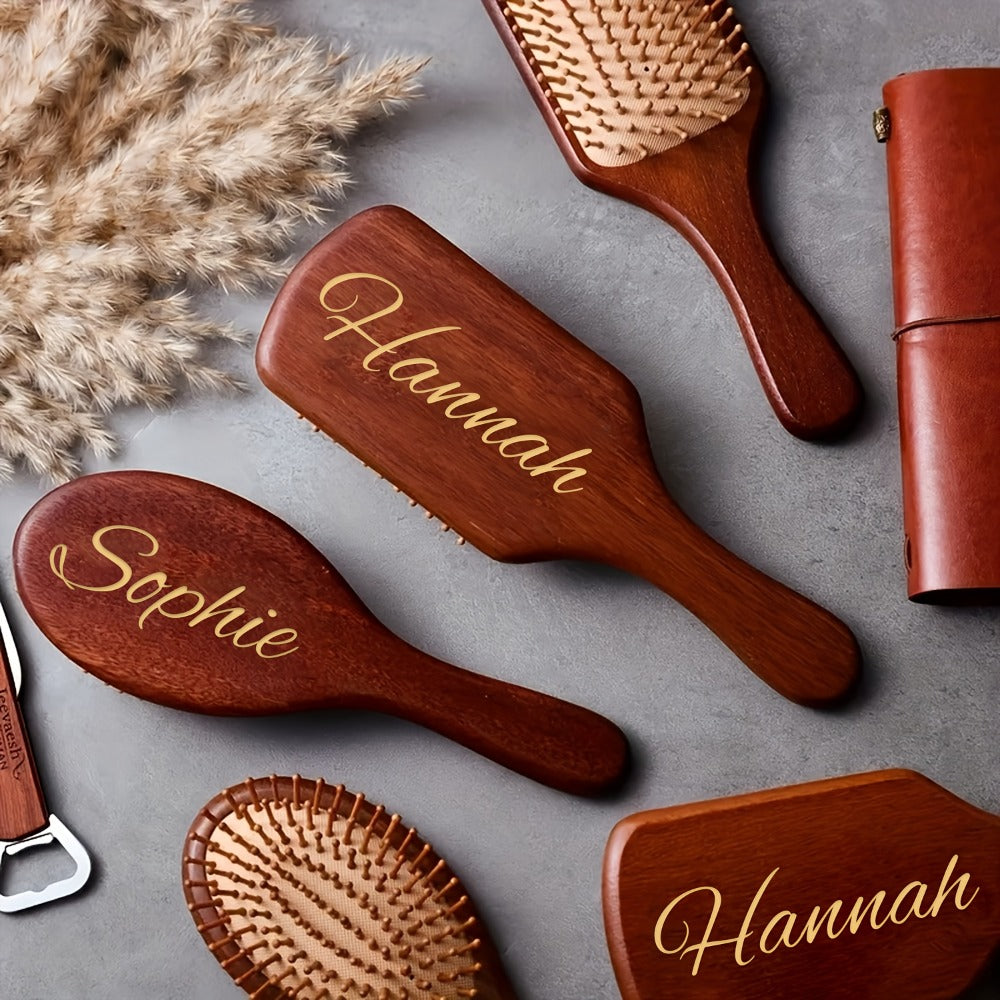 Personalized Engraved Wooden Hair Brush Custom Name - Handmade Bridesmaid Wedding Gift Mother's Day Teacher's Day Valentine's Day Gift for Women Round Square - product image
