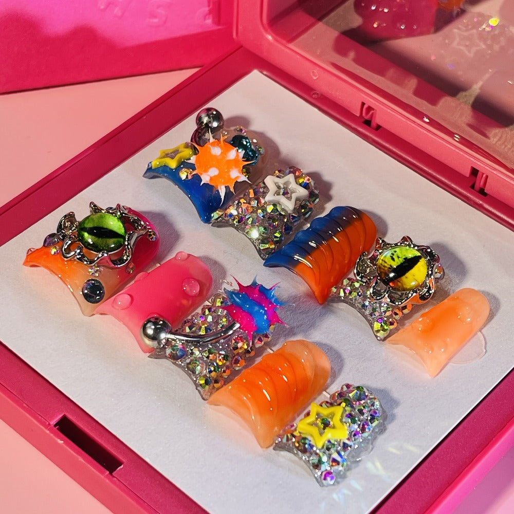Y2K Duckbill Press On Nails Handmade 3D Charm – Nightmare Eye Barbell Rhinestone Strobe Gradient Star False Nails for Women Girls | Edgy Festival Party Nail Art | S M L Sizes Pink  - product image