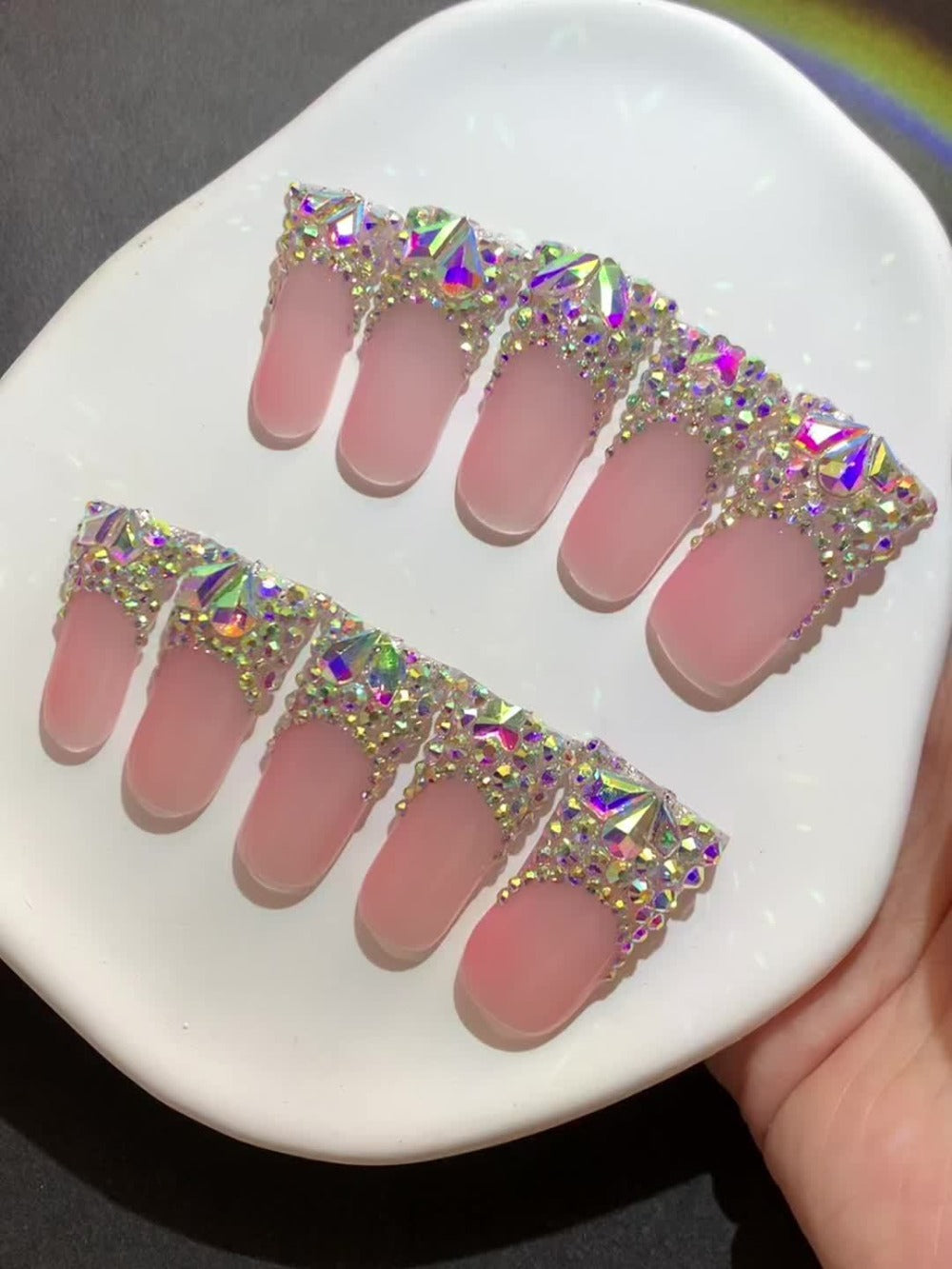 Press On Nails Duckbill French Tip AB Diamond Shiny Nude – Long Handmade Wearable Nail Set 10pcs with Tools for Wedding Party Date School S/M/L - product image 9
