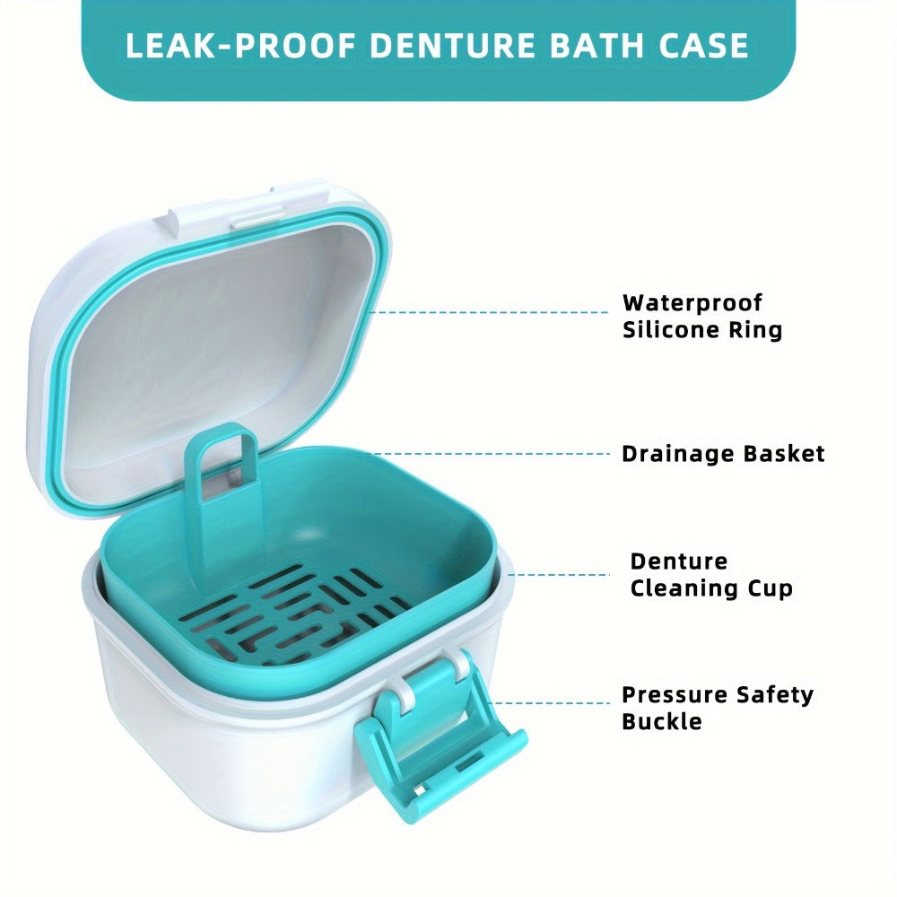 Denture Bath Case Leak-Proof with Drainage Basket Silicone Ring Safety Buckle Portable Travel Denture Cleaner Soaking Cup Storage Container for Home Travel - product image