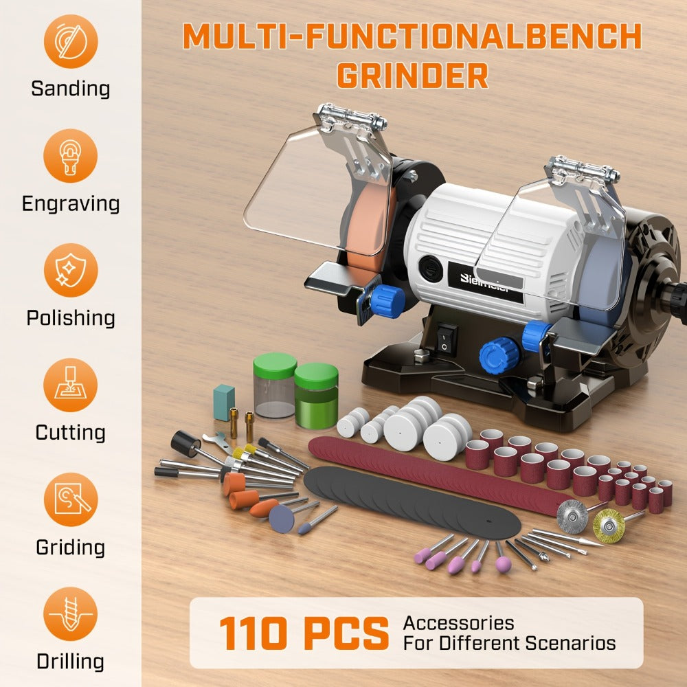 Bench Grinder 3 Inch Rotary Tool Kit 110pcs Accessories Flexible Shaft 105cm Buffer Polisher for Wood Jewelry Metal Plastic Stone Low Noise Compact 3.97LB - product image 2