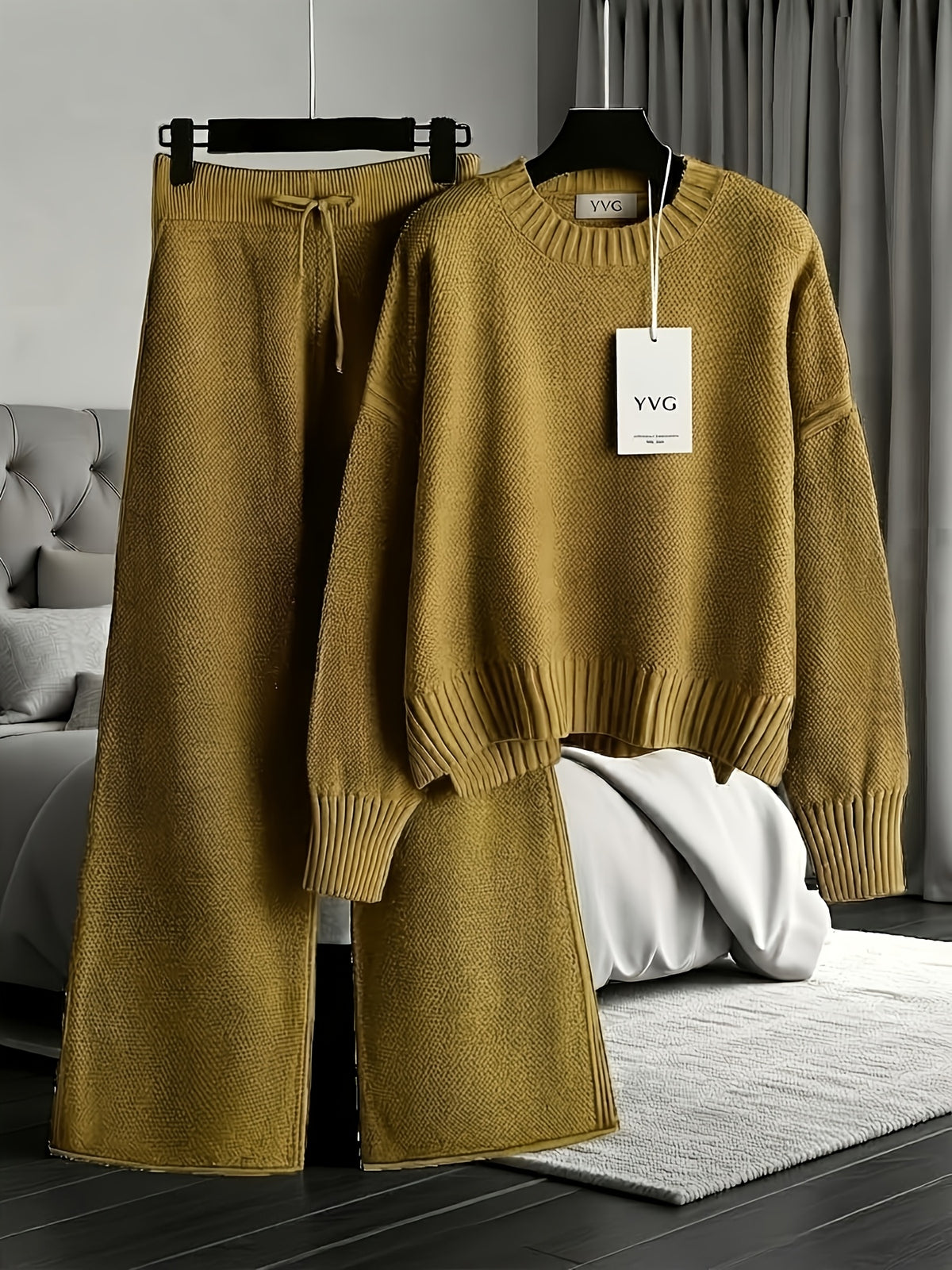 Authentic - Women's Early Autumn Comfortable and Breathable Waffle Texture Two-Piece Set: Round Neck Shoulder- Long Sleeve Hoodie, High-Waist Wide-Leg - product image 4