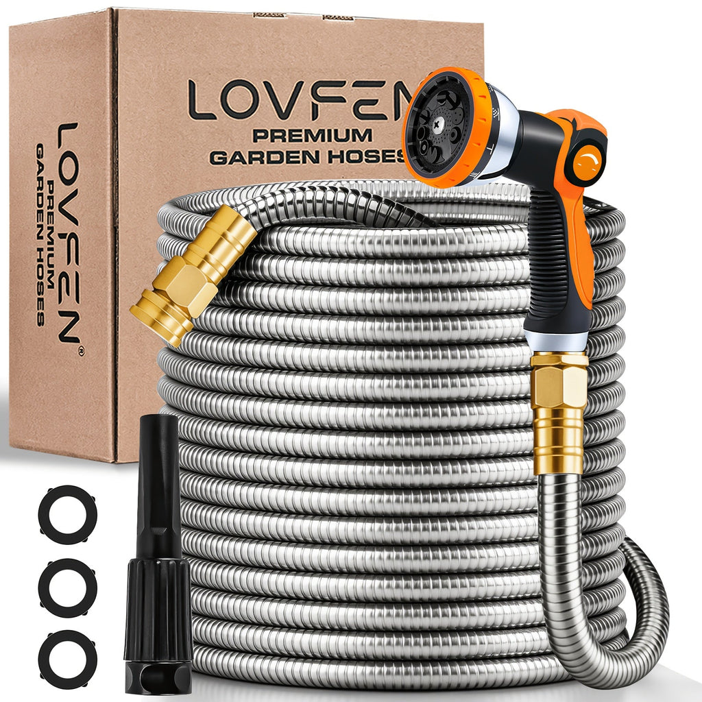 Stainless Steel Metal Garden Hose | Kink-Free, 10-Function Nozzle, Brass Fittings – 10FT to 150FT - product image