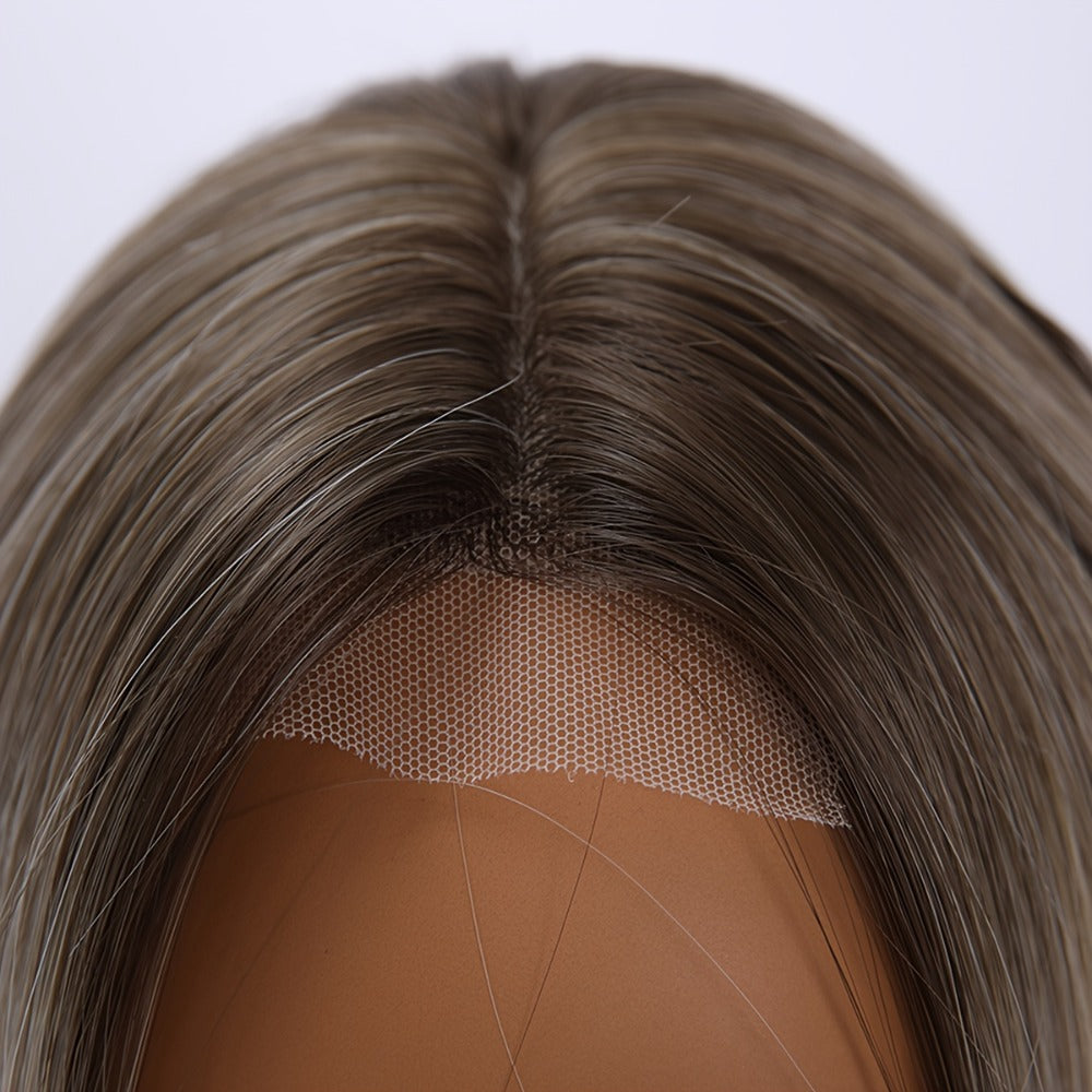 U Part Lace Front Bob Wig 4x1 Glueless Rose Net Cap Middle Part Natural Hairline Synthetic Wig for Women 14 Inch Brown Highlights Milky White Black Pink - product image 32