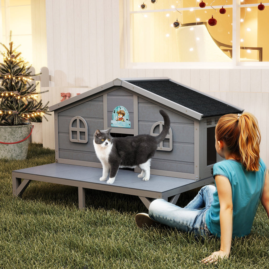 Large Indoor Outdoor Catio for 1-3 Cats, Rabbits & Small Animals, Grey – Outdoor Cat House Wooden Weatherproof Feral Cat Shelter with Deck, Elevated Legs & 2 - product image 2