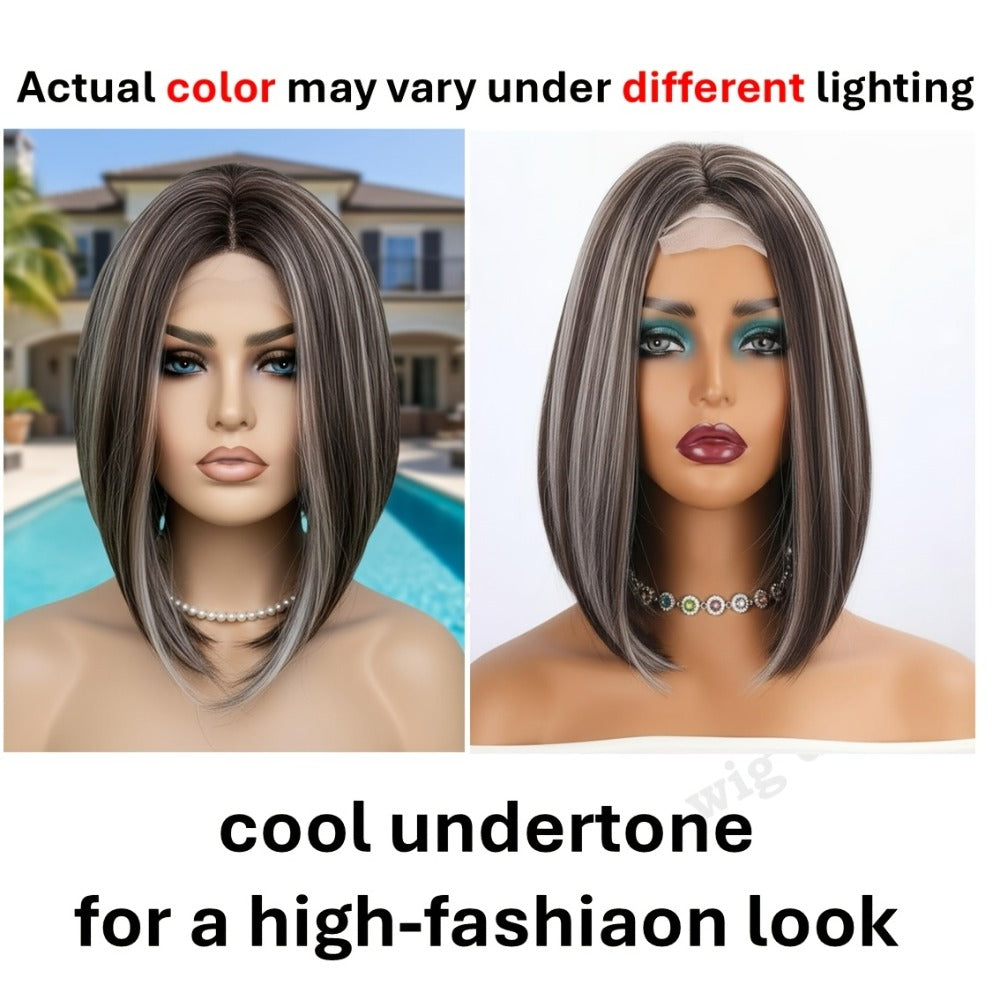 U Part Lace Front Bob Wig 4x1 Glueless Rose Net Cap Middle Part Natural Hairline Synthetic Wig for Women 14 Inch Brown Highlights Milky White Black Pink - product image 20