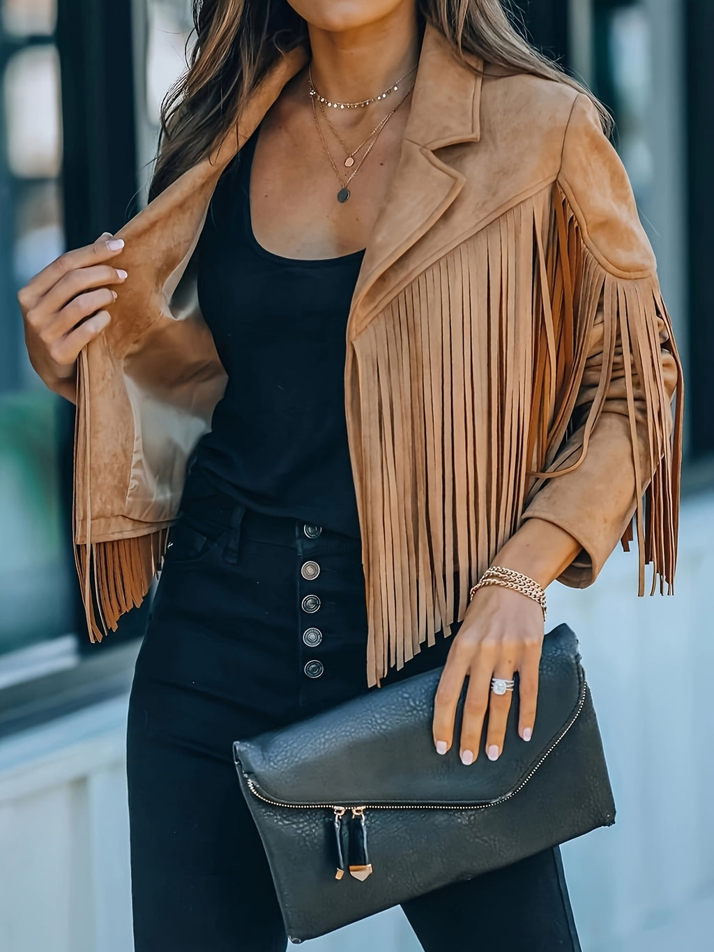 Women's Faux Fringe Jacket, Motorcycle Short Outerwear, 2026 Western Style Fashion Autumn/Winter Long Sleeve Denim Cardigan Jacket, Deer Velvet Faux Fringe - product image 23