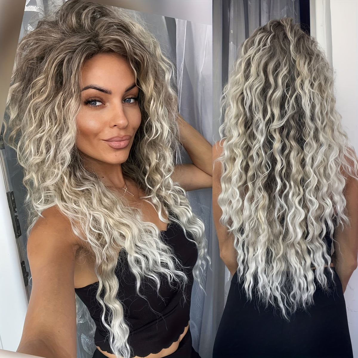 Ombre Dark Root Curly Wig Long Wavy 30 Inch Synthetic Middle Part Ash Blonde Brown Gradient Orange Voluminous Party Halloween Daily Wear Women - product image