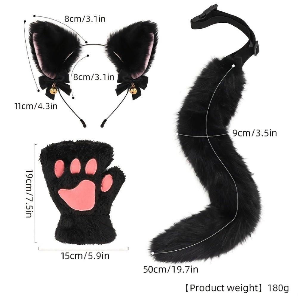 Bell Ear Headband, Plush Paw Gloves & Adjustable Tail for Halloween, Cosplay, Role Play & Stage Performances, Cute Gift for Women Girls, Grey White Brown Pink - product image 14