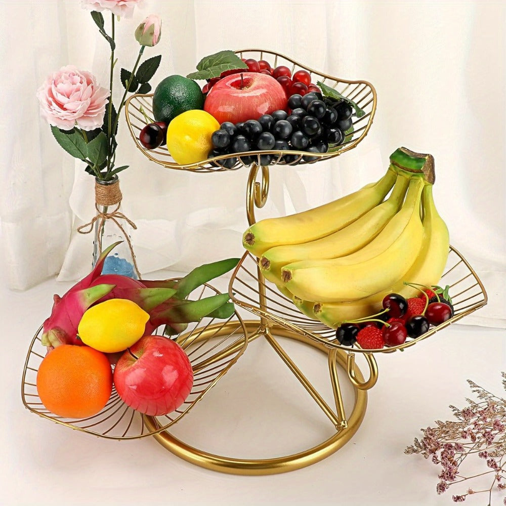 Fruit Basket Stand 3-Tier Decorative Iron Metal Wire Fruit Bowl with Lotus Leaf Design, Countertop Holder for Fruits Vegetables Bread Snacks, Modern Home Kitchen Table Centerpiece  - product image