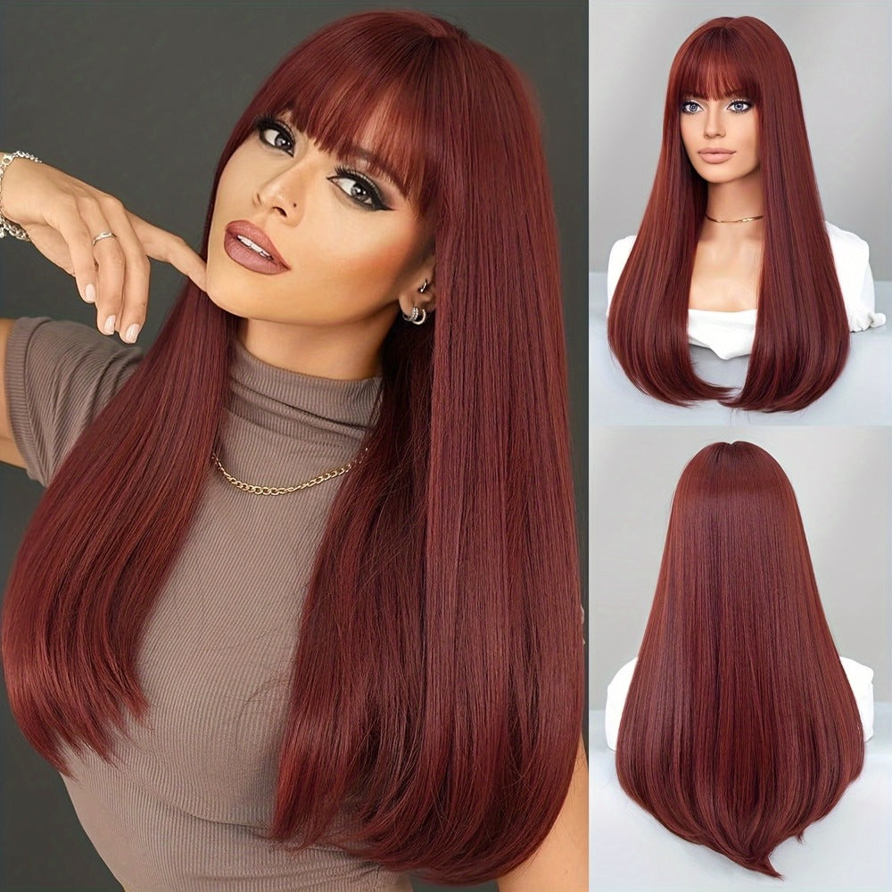 Long Straight Wig with Bangs Burgundy Wine Red 28 Inch Synthetic Heat Resistant Lightweight for Women Daily Wear Holiday Party Cosplay Halloween Natural Look Fashion - product image