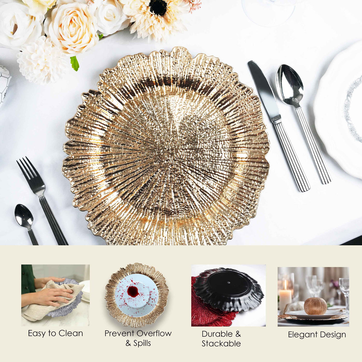 Charger Plates 13 Inch Set of 24 – Floral Reef Design Decorative Dinner Plate Chargers for Wedding Table Setting Party Banquet Reception Decor Silver Rose Gold Red - product image