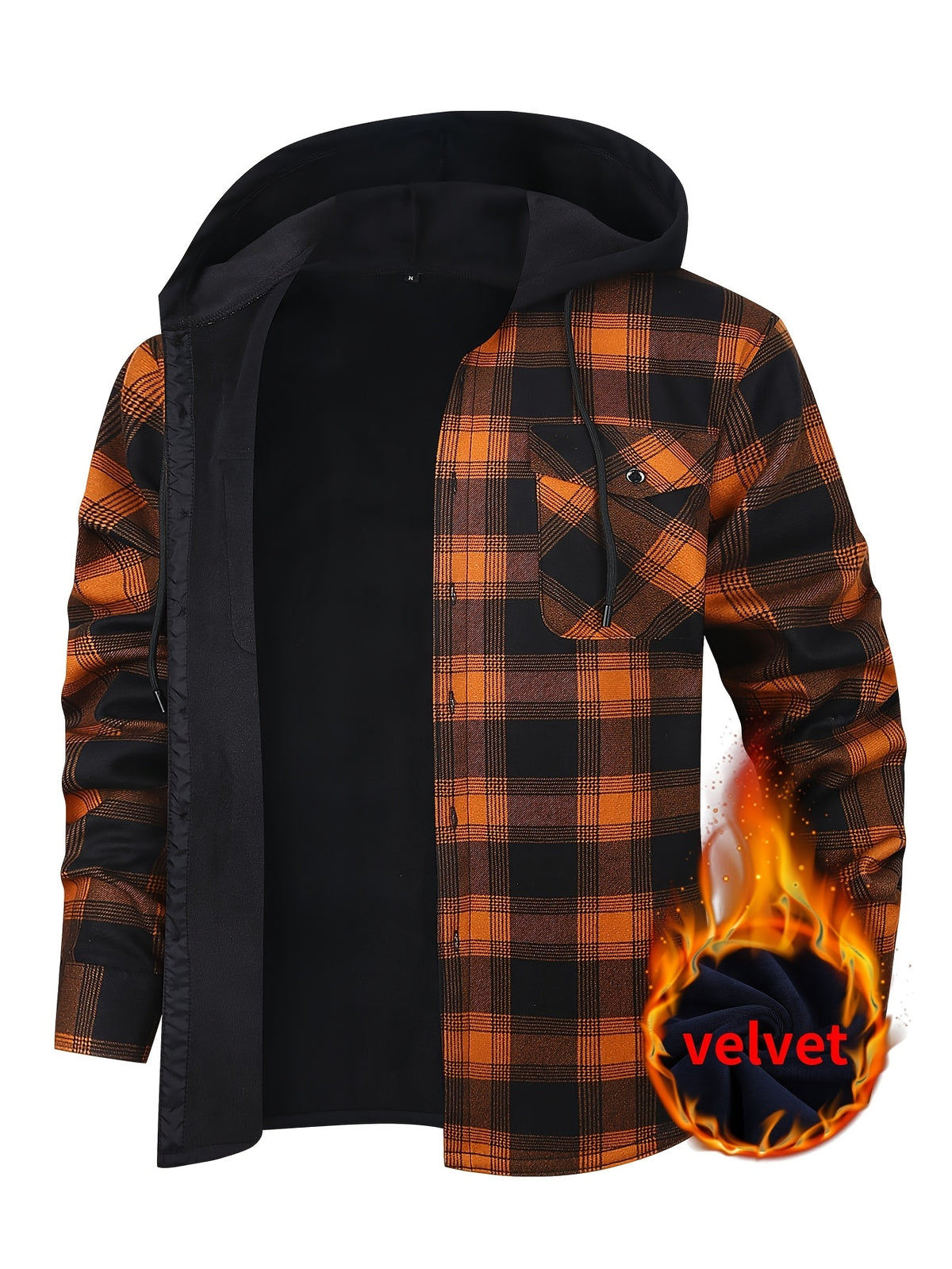 Men's Hooded Plaid Shirt Jacket with Flannel Lining - Thickened Winter, Button Front, Black/White/Gray/Beige Plaid, Euro/American Sizing, Casual Outdoor - product image 10