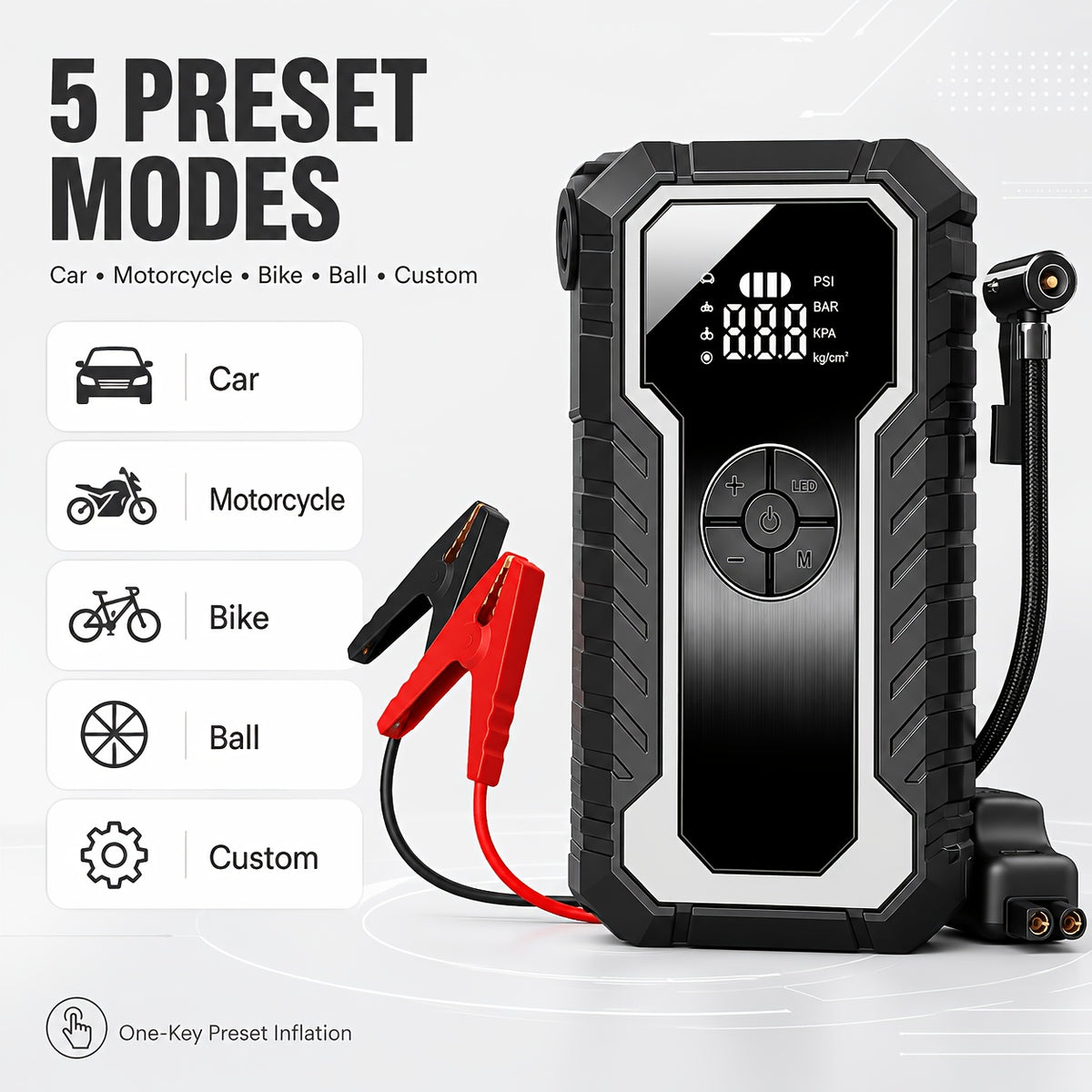 Portable Tire Inflator with Digital Pressure Gauge, Portable Air Compressor, 150PSI/210 PSI, 22 Cylinders, Built-In 12V Car Emergency Jump Starter and Battery - product image 20