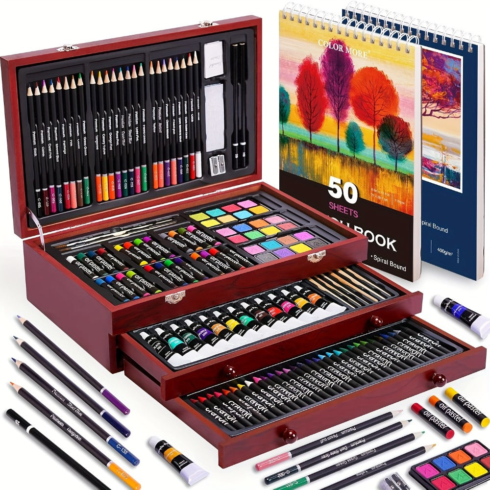 Drawing Pads Crayons Acrylic Paints Colored Pencils Complete Professional Art Kit Gift for Kids Teens Adults Birthday Christmas – 175-Piece Deluxe Art Set in Wooden Case