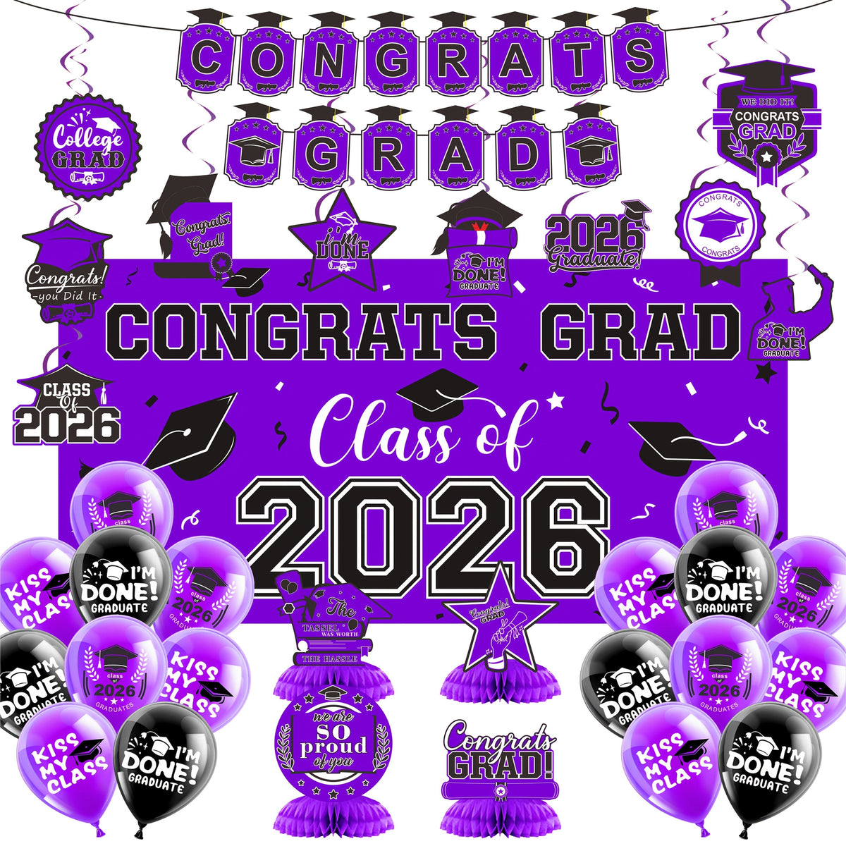 Complete Set with Backdrop Banner Hanging Swirls Balloons & Honeycomb Supplies, 6 Color Options Purple Maroon Blue Red Green Gold | Class of 2026 Graduation Party Decorations