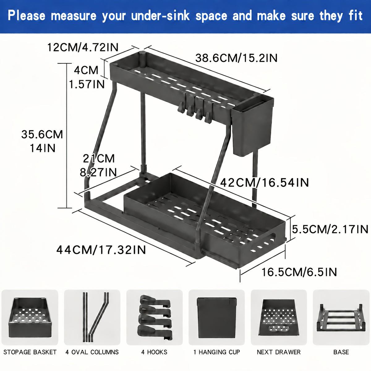 2pcs Under Sink Organizer with Sliding Shelves Multi-Purpose Black Plastic Storage Basket for Bathroom and Kitchen Cabinet Durable Construction Bathroom - product image 4