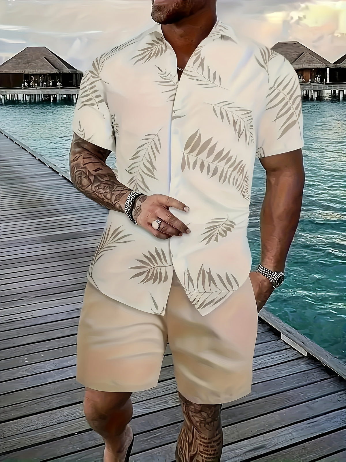 3pcs Men's Tropical Floral & Palm Tree Print Short Sleeve Shirts - Casual, Comfortable Summer Button-Up Dress Shirts in Black, White, & Beige - Perfect Gift for - product image 5