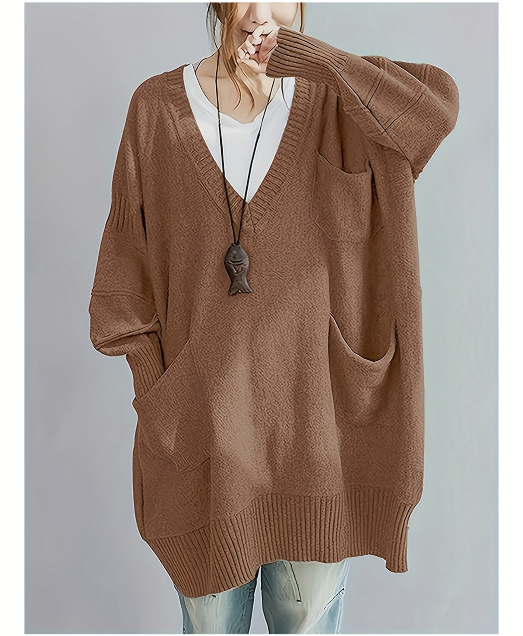Plus Size, Women's Plus Size Oversized V-Neck Longline Sweater - Soft Machine-Washable Black Pullover for Fall Winter, Elegant Loose Fit Casual Chic Wardrobe - product image 22