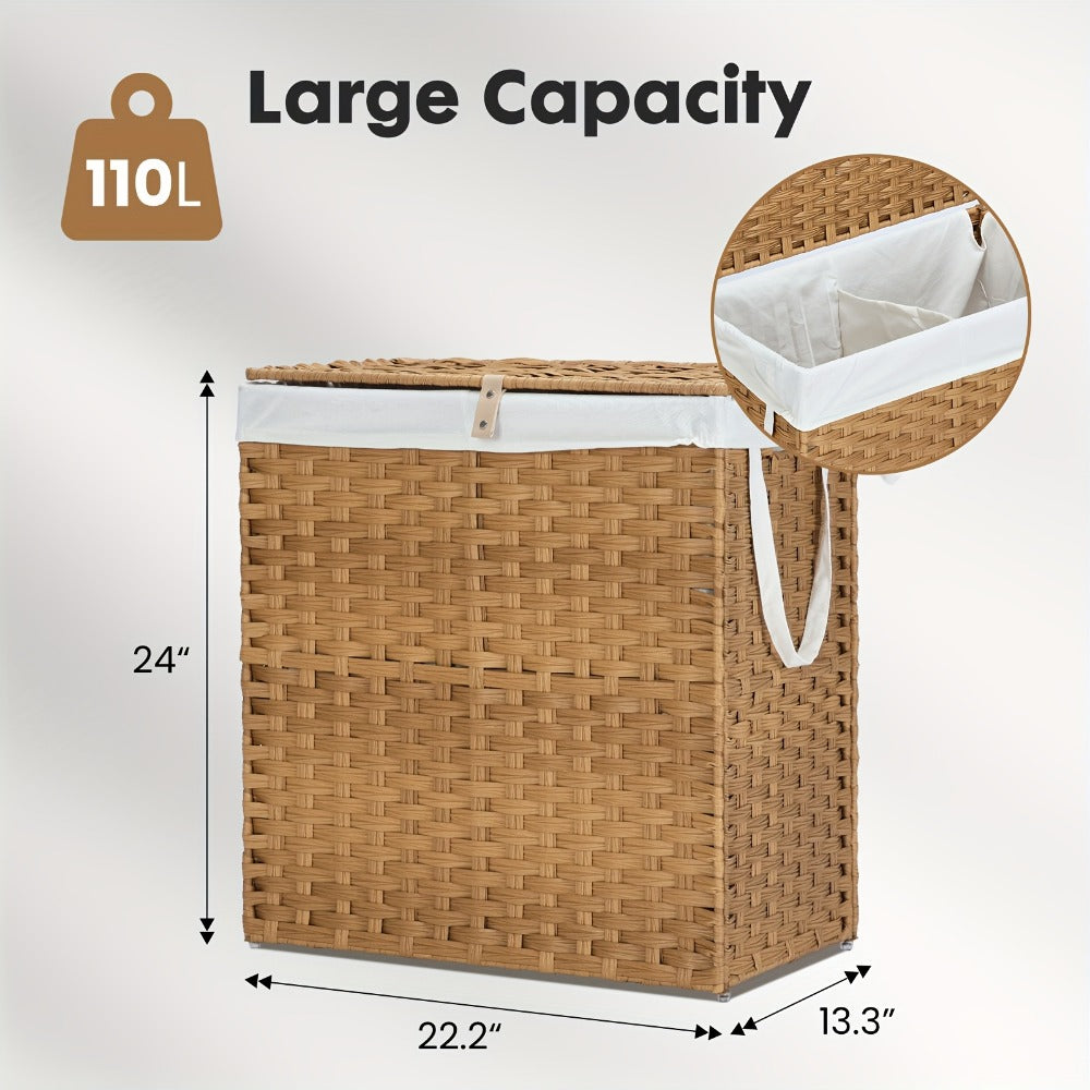 Laundry Basket with Lid - Large Foldable Rattan Hamper with Removable Washable Liner, Sturdy Steel Frame, for Bathroom Bedroom, Goose Yellow or Dove Gray - product image 2