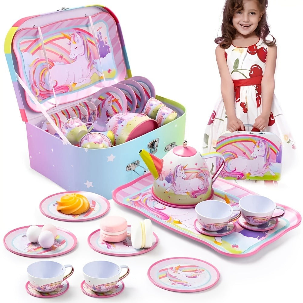 Pretend Play Pink Tin Teapot with Cups, Plates & Carrying Case, Magical Rainbow Design, Birthday Christmas Gift for Kids Ages 3+ | Unicorn Tea Party Set for - product image 3