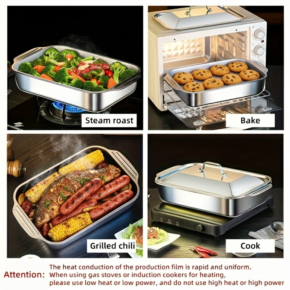 Stainless Steel Baking Pan Set 4-Piece – 2 Deep Roasting Pans & 2 Lidded Pans with Handles, 6-Liter Large Capacity 16.14" Rectangular Baking Pans for Lasagna, Fish, Chicken & Roast - product image 7
